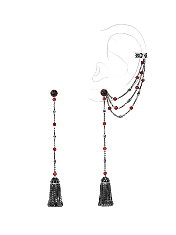 Серьги-трансформеры из черненого золота с гранатом и съемным каффом, 1