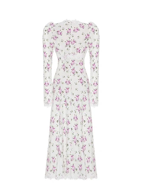 Белое платье-миди из шелка с розовым цветочным принтом и кружевом , 2