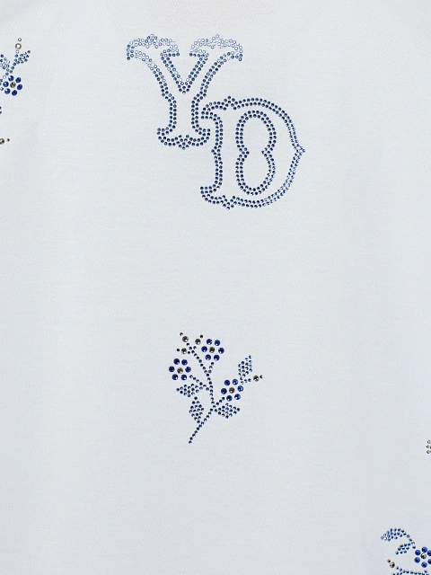 Белая хлопковая футболка с голубыми цветами из страз, 3