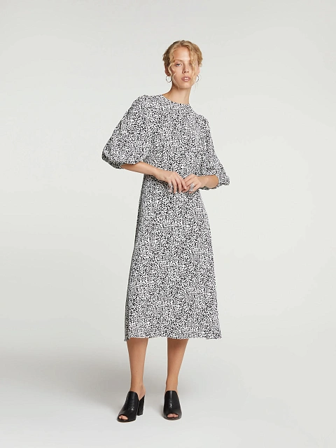 Белое платье-миди с рукавами-фонариками и принтом, 4