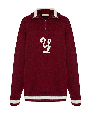 Бордовый вязаный пуловер с молнией, 1