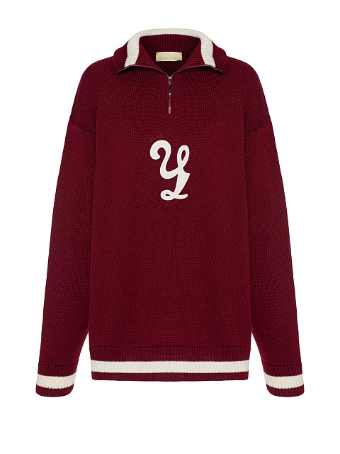 Бордовый вязаный пуловер с молнией, 1