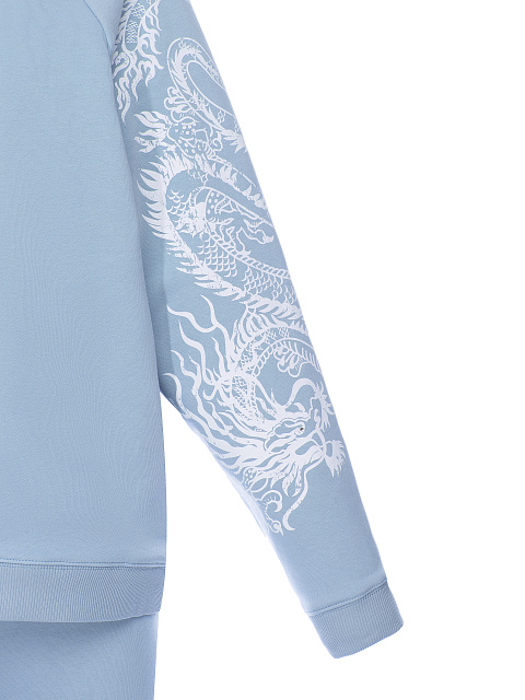 Костюм из голубого трикотажа, рукав реглан, манжеты на резинке, принт на рукавах, 2 Костюм из голубого трикотажа, рукав реглан, манжеты на резинке, принт на рукавах, 2