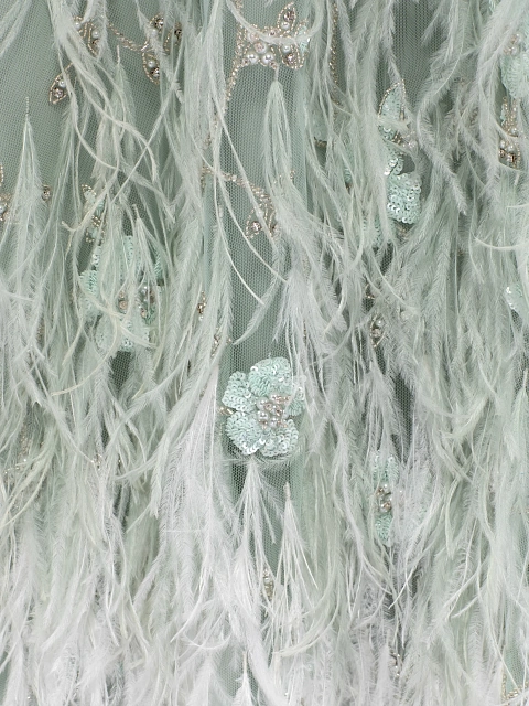 Зеленое платье-макси из шифона с вышивкой и перьями, 4