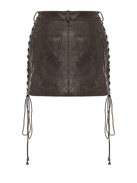 Коричневая кожаная юбка-мини с декоративной шнуровкой, 2