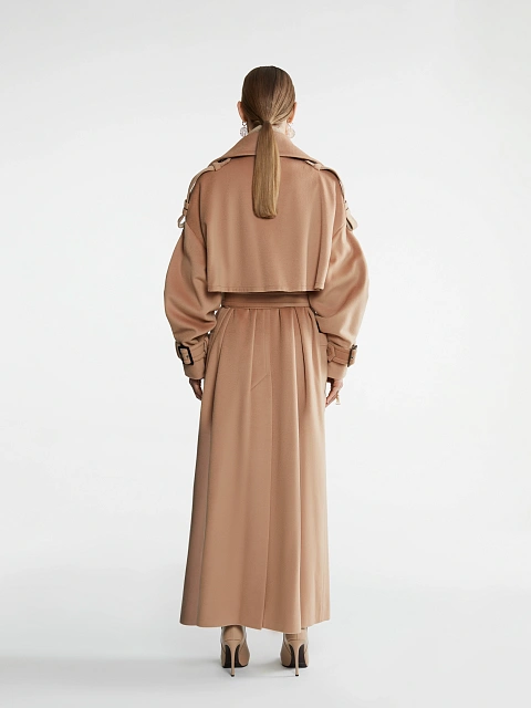 Бежевое двубортное пальто из кашемира с поясом, 4