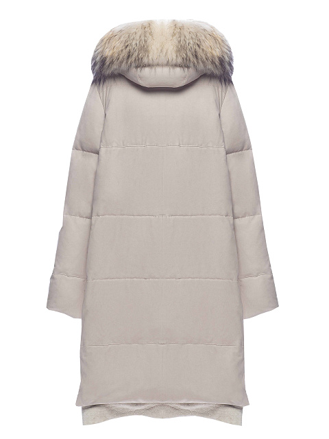 Длинный пуховик из бежевой замши с опушкой из енота и вставками из крокодила, 2