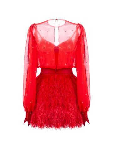 Красное шифоновое платье с юбкой из перьев, 2