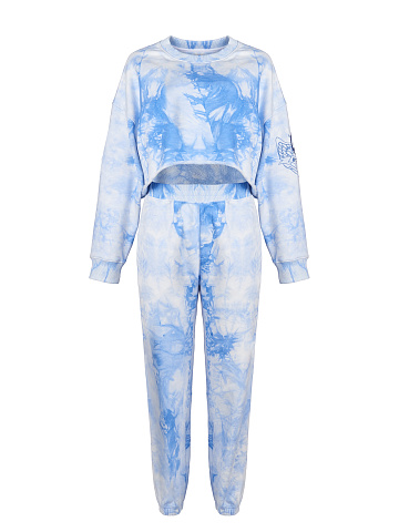 Бело-голубой трикотажный костюм с укороченной толстовкой, 1