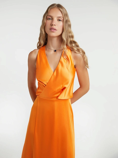 Оранжевое атласное платье-миди на запах, 6