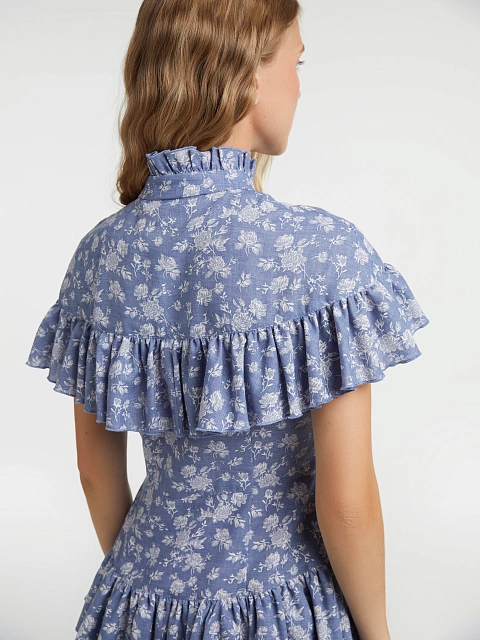 Синее платье-мини из хлопка с цветочным принтом, 7