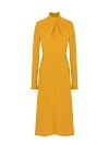 Платье-миди горчичное, воротник-стойка, драпировка по лифу, юбка трапеция