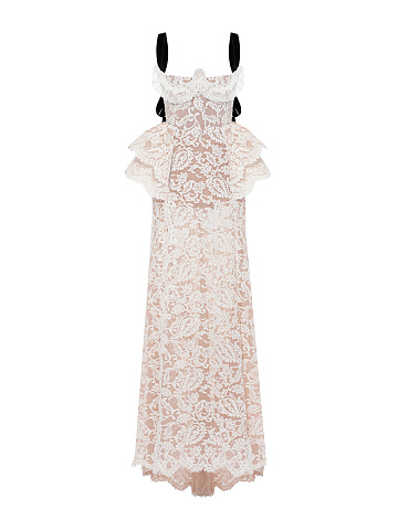 Белое платье-макси из кружева с баской, 1