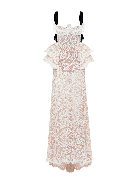 Белое платье-макси из кружева с баской, 1