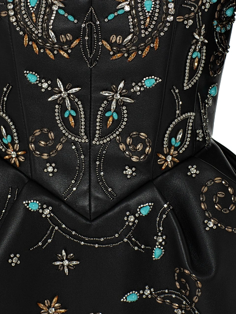 Черное платье-мини из кожи с вышивкой, 3