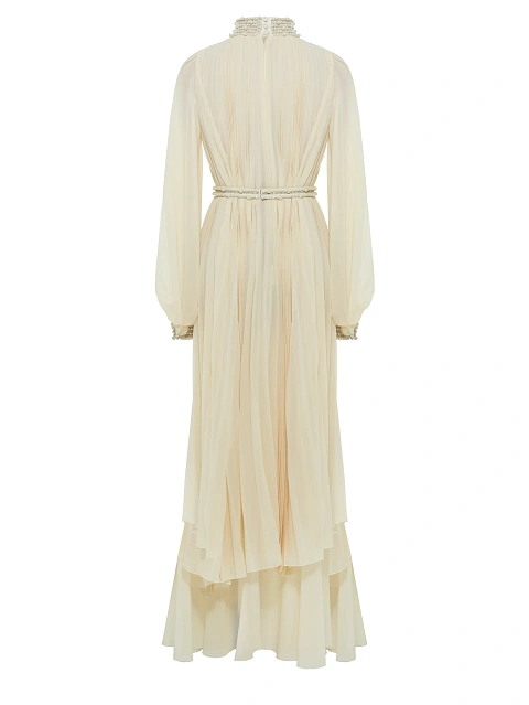 Бежевое платье-макси из плиссированного шифона, 2