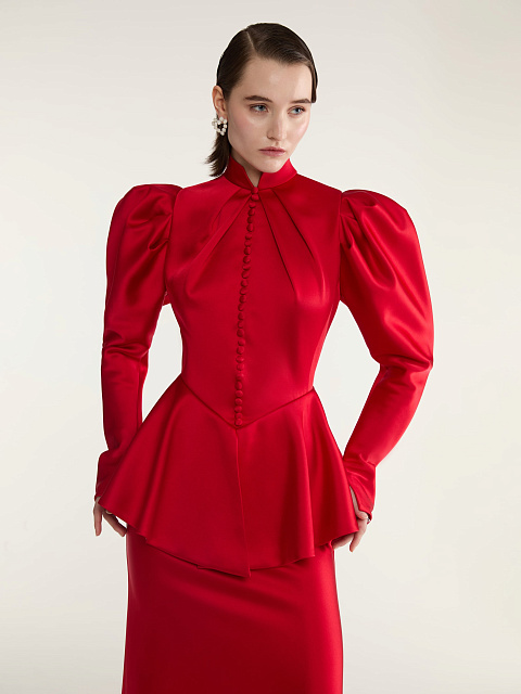 Красное шелковое платье-макси с баской, 7