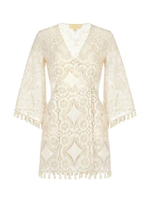 Бежевое кружевное платье-мини на запах с кисточками, 1