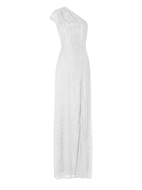 Белое платье-макси с асимметричным топом и высоким разрезом, 1