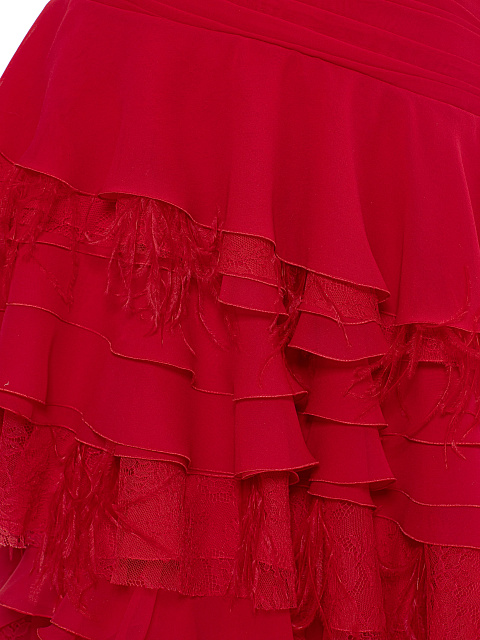 Красное платье-макси из шелка с кружевом и перьями, 8