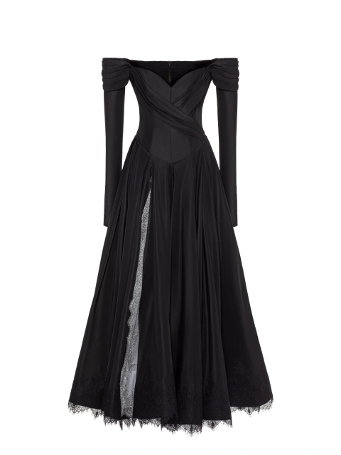 Черное платье-макси из тафты с открытыми плечами и кружевом, 1