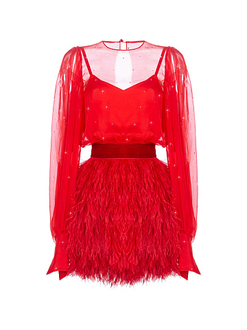 Красное шифоновое платье с юбкой из перьев, 1