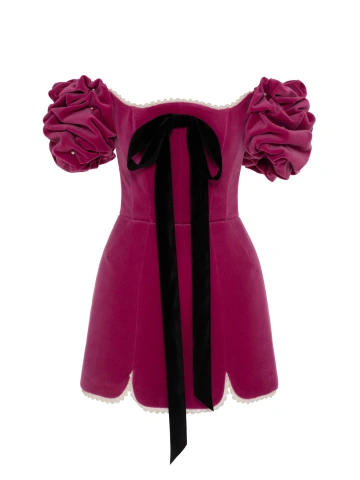Розовое платье-мини из бархата с бантом, 1