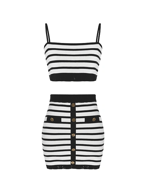 Белый комплект в черную полоску из топа и юбки-мини, 2