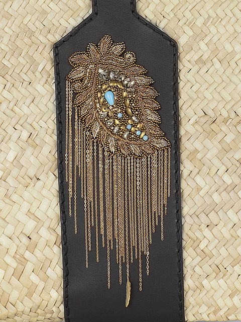 Плетеная соломенная сумка с кожаной ручкой и вышивкой-пейсли, 4