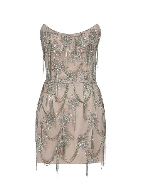 Бежевое платье-мини с перьями и стразами, 4