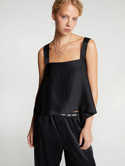 Черный атласный комплект из топа и брюк, 7 Черный атласный комплект из топа и брюк, 7