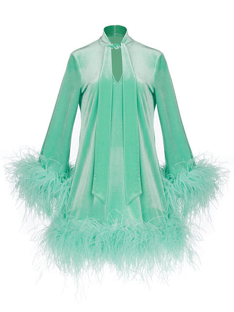 Мятное бархатное платье-мини с перьями, 1