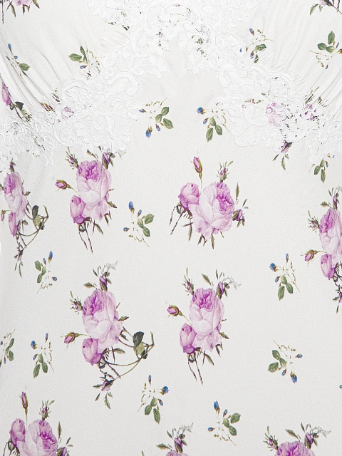 Белое платье-миди из шелка с розовым цветочным принтом и кружевом , 3