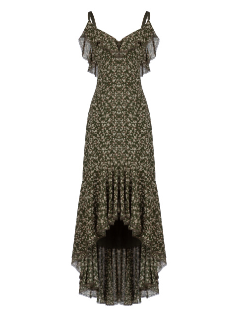 Зеленое шифоновое платье-миди с цветочным принтом, 1