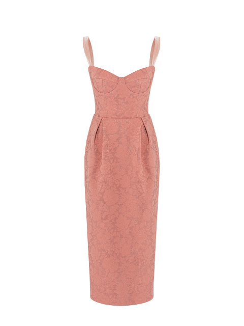 Розовый жаккардовый костюм из платья-миди и жакета, 3