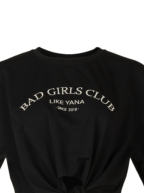 Укороченная черная футболка с завязками и молочной вышивкой, 3