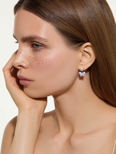 Пусеты из белого золота с агатом и жемчугом, 2 Пусеты из белого золота с агатом и жемчугом, 2