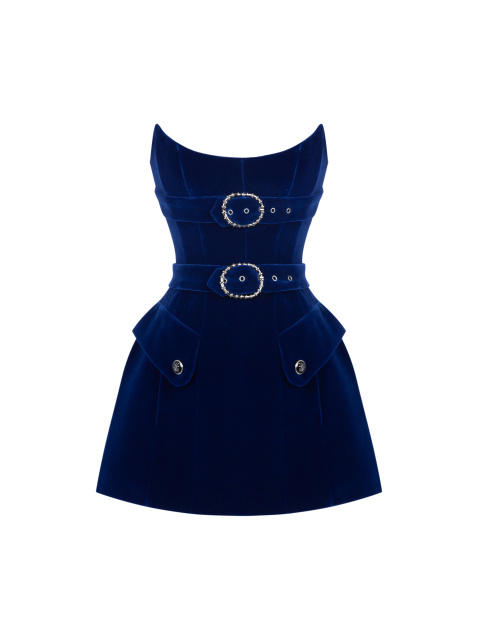 Синее бархатное платье с открытыми плечами, 1