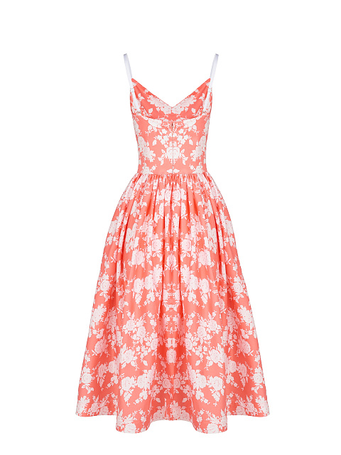 Коралловое хлопковое платье-миди с белым цветочным принтом, 2 Коралловое хлопковое платье-миди с белым цветочным принтом, 2