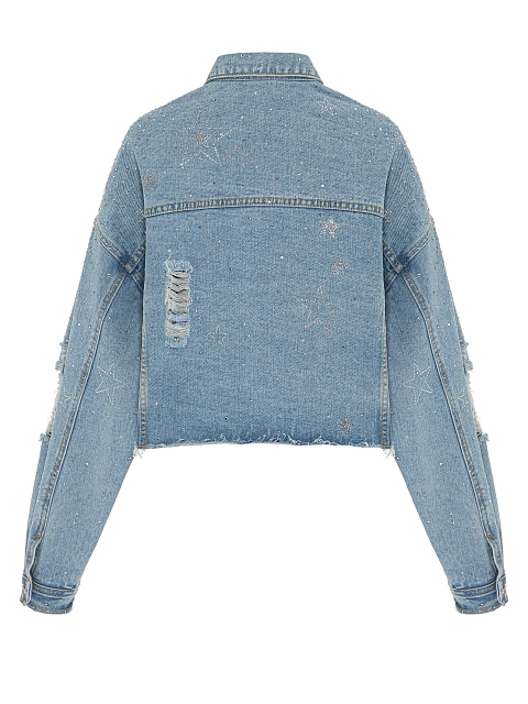 Голубая укороченная джинсовка с рваным низом и стразами, 2