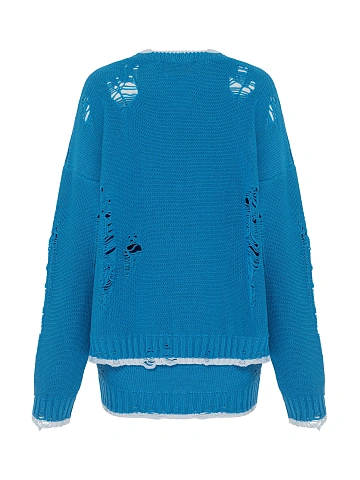 Синий вязаный комплект из свитера и юбки-мини, 2