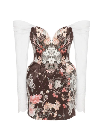 Платье-мини из хлопка с цветочным принтом и кружевными рукавами, 1