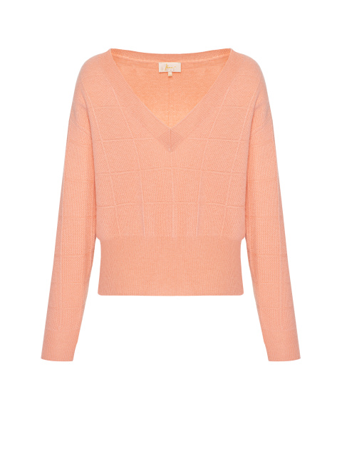 Персиковый пуловер из кашемира с V-вырезом, 1