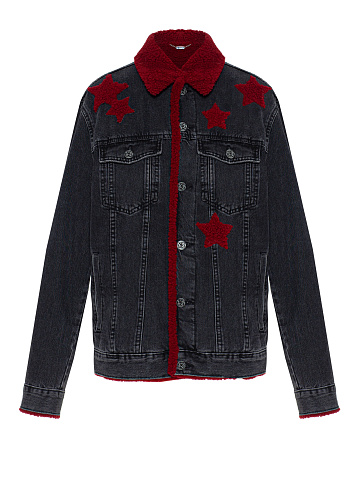 Серая джинсовка с красным мехом овчины , 1