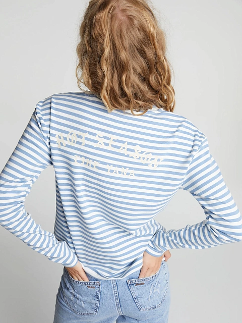 Бело-голубая хлопковая тельняшка с бежевым принтом, 5