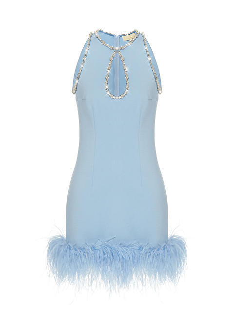 Голубое платье-мини с вырезом-каплей и боа, 1