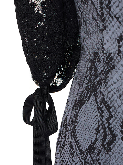 Серое платье-миди из денима с принтом и кружевом, 4