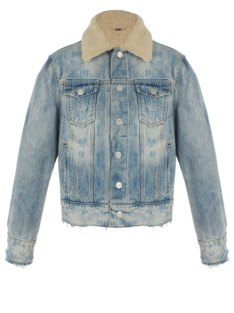 Голубая джинсовая куртка с потертостями и подкладом из овчины, 1 Голубая джинсовая куртка с потертостями и подкладом из овчины, 1