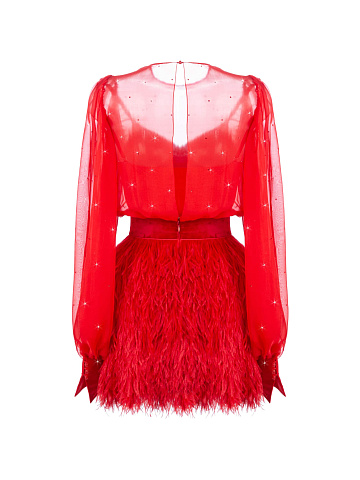 Красное шифоновое платье с юбкой из перьев, 2