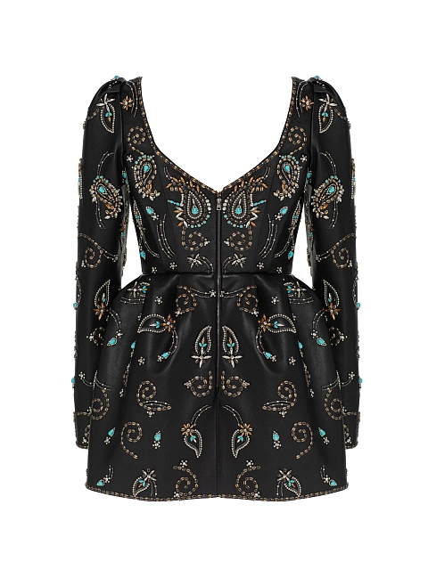 Черное платье-мини из кожи с вышивкой, 2